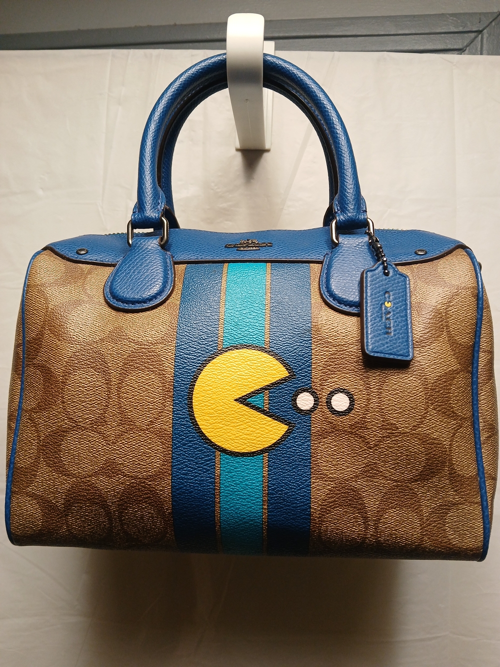 Coach Brown Signature Pac-Man Satchel with Blue Trim